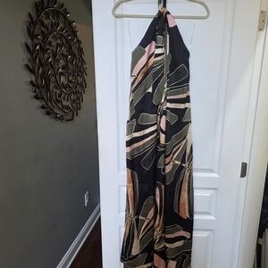 Elan Black Halter Maxi Dress with Pink and Olive Abstract Stripes